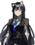  1girl absurdres animal_ears arknights arm_behind_back black_cape black_hair black_vest blue_necktie cape closed_mouth collared_shirt highres long_hair long_sleeves looking_to_the_side msx_(mis4xi) necktie orange_eyes pouch shirt solo texas_(arknights) texas_the_omertosa_(arknights) upper_body very_long_hair vest white_shirt wolf_ears 