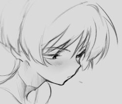  1boy blunt_ends blush bodysuit closed_mouth eyelashes genshin_impact grey_background greyscale half-closed_eyes kyudred looking_down male_focus monochrome portrait scaramouche_(genshin_impact) sideways_mouth single_bare_shoulder sketch solo turtleneck turtleneck_bodysuit wispy_bangs 