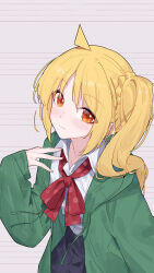  1girl ahoge blonde_hair bocchi_the_rock! bow bowtie brown_eyes chinese_commentary collarbone collared_shirt commentary_request highres ijichi_nijika jacket long_hair looking_at_viewer pleated_skirt red_bow red_bowtie shirt side_ponytail skirt white_shirt yun_cao_bing 