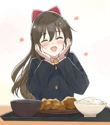  1girl absurdres black_jacket bowl brown_hair closed_eyes commentary_request food hair_ribbon hands_on_own_face highres jacket long_hair long_sleeves love_live! love_live!_nijigasaki_high_school_idol_club neck_ribbon nijigasaki_school_uniform open_mouth osaka_shizuku red_ribbon ribbon rice_bowl school_uniform smile solo table tata_(tataice) tray white_background winter_uniform yellow_ribbon 