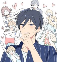  >_< 6+boys akehoshi_subaru arm_up black_hair blonde_hair blue_skirt brown_hair ensemble_stars! furrowed_brow hair_between_eyes hair_bun hand_on_own_chin hands_on_another's_head heart hibiki_wataru hidaka_hokuto hidaka_seiya highres isara_mao long_hair mashiro_tomoya multiple_boys one_side_up open_mouth orange_hair pinstripe_pattern pinstripe_shirt piyo_owo shirt short_hair short_sleeves simple_background single_side_bun skirt smile stroking_own_chin trickstar_(ensemble_stars!) white_background yuuki_makoto_(ensemble_stars!) 