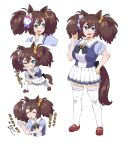  1girl :d animal_ears black_bow blue_shirt bow breasts brown_footwear brown_hair closed_eyes fang fox_mask frilled_skirt frills green_eyes grin hair_between_eyes hair_bow hand_on_own_hip highres horse_ears horse_girl horse_tail inari_one_(umamusume) large_breasts mask mask_on_head multiple_views one_eye_closed orange_bow parted_lips pleated_skirt puffy_short_sleeves puffy_sleeves school_uniform shirt shoes short_eyebrows short_sleeves simple_background skirt smile standing tail thick_eyebrows thigh-highs tracen_school_uniform translation_request twintails umamusume wakaho_riku white_background white_skirt white_thighhighs 