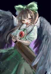  1girl :d arm_cannon bird_wings blush bow brown_eyes brown_hair cape chest_eye collared_shirt commentary_request cowboy_shot fang feathered_wings green_bow green_skirt hair_bow highres long_hair looking_at_viewer omaega_chan open_mouth puffy_short_sleeves puffy_sleeves reiuji_utsuho ringed_eyes shirt short_sleeves skin_fang skirt smile solo touhou v-shaped_eyebrows weapon white_shirt wings yatagarasu 