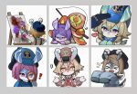  ! &gt;_&lt; 6+girls :&gt; animal_ears aqua_bow aqua_bowtie arm_up ball_octopus_(genshin_impact) beret black_headwear blue_coat blue_headwear bow bowtie bright_pupils brown_eyes brown_hair brown_shirt buttons canvas_(object) closed_mouth coat commentary_request crossed_bangs crying easel elphane_(genshin_impact) facing_away fang fishing_rod flying_sweatdrops from_behind genshin_impact grey_background hair_between_eyes hand_up hands_up hat headpat heart highres holding holding_fishing_rod holding_magnifying_glass holding_paintbrush iara_(genshin_impact) kuromu_shado long_sleeves lying magnifying_glass mamere_(genshin_impact) melusine_(genshin_impact) muirne_(genshin_impact) multiple_girls octopus on_stomach open_clothes open_coat open_mouth orange_eyes paint_on_clothes paint_splatter paintbrush painting_(object) parted_bangs peaked_cap pink_coat pink_hair pink_headwear purple_hair sedene_(genshin_impact) sedile_(genshin_impact) shirt short_hair shrugging simple_background sleeves_past_fingers sleeves_past_wrists smile sparkle sweat swept_bangs tail violet_eyes white_background white_pupils 