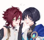  2boys akanbe armor bare_shoulders bishounen black_hair blue_eyes blue_vest bob_cut brown_hair commentary_request eyelid_pull frown genshin_impact gloves gold_trim green_eyes highres japanese_armor kote kurokote looking_at_viewer low_ponytail male_focus mole mole_under_each_eye mole_under_eye multicolored_hair multiple_boys multiple_moles no_headwear partially_fingerless_gloves redhead scaramouche_(genshin_impact) shikanoin_heizou short_hair simple_background sound_effects tongue tongue_out translated two-tone_eyes two-tone_vest unishuri vest vision_(genshin_impact) wanderer_(genshin_impact) white_background white_vest 