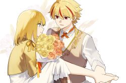  1boy 1girl ahoge blonde_hair blue_eyes blush bouquet braid braided_ponytail clzlckzk_1203 commentary_request dress fate/strange_fake fate_(series) flower glasses highres holding holding_bouquet jacket long_hair medium_hair multicolored_hair open_mouth profile red_eyes red_streaks richard_i_(fate) rose sajou_ayaka_(fate/strange_fake) shirt side_braid single_braid sitting smile streaked_hair vest white_background 