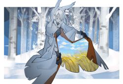  1girl animal_ears arknights bare_tree black_gloves black_shirt closed_eyes double_exposure forest frostnova_(arknights) gloves hair_over_one_eye highres jacket long_sleeves medium_hair nature one_eye_covered open_clothes open_jacket outdoors rabbit_ears rabbit_girl resul_(scripppppp) scar scar_on_face scar_on_nose shirt snow solo tree wheat_field white_hair white_jacket winter 
