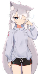  1girl absurdres ahoge animal_ear_fluff animal_ears black_shorts blue_eyes closed_mouth commentary_request dolphin_shorts grey_hair grey_shirt hair_between_eyes hand_up highres long_hair long_sleeves multicolored_hair nyaha one_eye_closed original puffy_long_sleeves puffy_sleeves rubbing_eyes shirt shorts simple_background sleepy solo streaked_hair very_long_hair white_background white_hair 