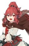  1girl :d anna_(fire_emblem) capelet dress fire_emblem fire_emblem_engage gloves high_ponytail highres long_hair long_sleeves looking_at_viewer open_mouth ponytail red_eyes redhead smile solo white_background yachimata_1205 