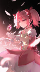  1girl absurdres aki_maple artist_name black_background bow choker closed_mouth commentary_request dress falling_feathers feathers floating floating_object gloves hair_between_eyes hair_bow highres kaname_madoka kaname_madoka_(magical_girl) light_smile looking_at_object magical_girl mahou_shoujo_madoka_magica mahou_shoujo_madoka_magica_(anime) pink_choker pink_dress pink_eyes pink_hair short_sleeves short_twintails solo soul_gem square_neckline twintails white_gloves 