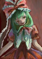  1girl bow commentary_request dress frilled_bow frilled_ribbon frills front_ponytail green_hair hair_bow half-closed_eyes head_tilt highres kagiyama_hina long_hair looking_at_viewer multiple_hair_bows omaega_chan parted_lips puffy_short_sleeves puffy_sleeves red_background red_bow red_dress red_ribbon ribbon ringed_eyes short_sleeves simple_background smile solo touhou 