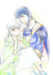  1boy 1girl absurdres blue_hair brother_and_sister cape carrying circlet closed_eyes collar dress fire_emblem fire_emblem:_genealogy_of_the_holy_war grey_eyes grey_hair headband highres holding kansaidoyako long_hair open_mouth ponytail princess_carry siblings simple_background smile white_headband 