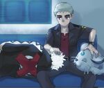  2boys alolan_persian belt black_belt black_jacket collarbone commentary_request couch grey_hair guzma_(pokemon) half-closed_eyes head_on_another&#039;s_leg highres hood hooded_jacket indoors jacket jewelry looking_down lying male_focus multiple_boys nanu_(pokemon) necklace nyoripoke on_side open_clothes open_jacket pants parted_lips pokemon pokemon_(game) pokemon_sm red_eyes red_shirt shirt short_sleeves sitting white_hair z-ring 