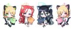  4girls absurdly_long_hair absurdres animal_ear_headphones animal_ears aris_(blue_archive) black_hair black_skirt black_thighhighs blonde_hair blue_archive blue_eyes blue_halo blue_necktie bow cat_ears cat_tail chibi closed_mouth collared_shirt fake_animal_ears full_body game_development_department_(blue_archive) green_bow green_eyes green_halo hair_bow halo headphones highres jacket long_hair midori_(blue_archive) momoi_(blue_archive) multiple_girls nannung necktie one_eye_closed open_clothes open_jacket open_mouth orange_halo parted_lips pink_eyes pink_halo red_bow redhead shirt short_hair simple_background skirt smile tail thigh-highs two-sided_fabric two-sided_jacket very_long_hair violet_eyes white_background white_jacket white_shirt yuzu_(blue_archive) 