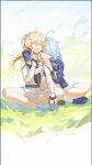  2girls ahoge arm_around_shoulder bare_legs blonde_hair blue_bow blue_eyes blue_sky blurry bow bowtie closed_eyes crop_top crossed_legs depth_of_field flower furina_(genshin_impact) genshin_impact gloves grass hair_between_eyes hair_flower hair_flowing_over hair_ornament hair_over_eyes halterneck hand_on_another&#039;s_shoulder highres leaning_on_person lumine_(genshin_impact) maya_king multiple_girls one_eye_covered open_mouth outdoors shoes short_hair shorts single_glove sitting sky smile wind yuri 