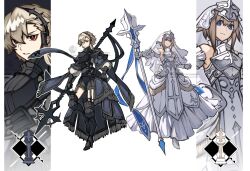  2girls armor armored_dress artist_logo black_dress black_hairband blue_eyes breastplate brown_hair chess_piece closed_mouth commentary_request double-parted_bangs dress full_body gauntlets greaves hair_between_eyes hairband headpiece highres holding holding_polearm holding_weapon kashia light_frown light_smile logo long_hair long_sidelocks metal_hairband multiple_girls original parted_bangs parted_lips pauldrons polearm poleyn red_eyes sabaton shoulder_armor sidelocks spiked_hairband spikes standing streamers tabard veil watermark weapon white_background white_dress white_tabard white_veil zoom_layer 