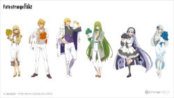  1other 2boys 3girls ahoge black_eyes blonde_hair blue_eyes bouquet bow braid braided_ponytail collared_shirt commentary_request dress enkidu_(fate) fate/strange_fake fate_(series) flower francesca_prelati_(fate) full_body gilgamesh_(fate) glasses gloves green_eyes green_hair hair_bow hat holding holding_bouquet holding_flower jacket jewelry long_hair medium_hair mini_hat multicolored_hair multiple_boys multiple_girls multiple_hair_bows necklace official_art one_eye_closed open_mouth pants philia_(fate) promotional_art purple_hair red_eyes red_streaks richard_i_(fate) sajou_ayaka_(fate/strange_fake) scarf shirt shoes short_hair side_braid simple_background single_braid smile standing standing_on_one_leg streaked_hair white_background white_hair 