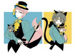  2boys alternate_costume animal_ears blue_background blue_eyes cat_ears cat_tail character_doll closed_mouth ensemble_stars! fox_boy fox_ears heterochromia itsuki_shu kagehira_mika looking_at_viewer male_focus multicolored_background multiple_boys open_mouth pink_hair skk smile tail violet_eyes white_background yellow_background yellow_eyes 