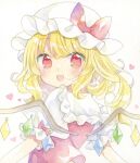  1girl :d blonde_hair blush bow commentary_request crystal flandre_scarlet hat hat_bow highres kagome_f long_hair looking_at_viewer looking_to_the_side one_side_up puffy_short_sleeves puffy_sleeves red_bow red_eyes red_vest shirt short_sleeves simple_background smile solo touhou upper_body vest white_background white_headwear white_shirt wings 