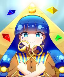  1girl absurdres blue_eyes blue_hair blunt_bangs closed_mouth commentary_request custom30193 earrings facial_mark gold_hairband hairband highres holding holding_scepter jewelry key_earrings long_hair looking_at_viewer low-tied_long_hair michigami_nareko scepter smile solo touhou triangle triangle_facial_mark upper_body usekh_collar v-shaped_eyebrows variant_set 