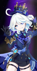  1girl absurdres ahoge ascot asymmetrical_gloves black_gloves black_shorts blue_ascot blue_eyes blue_gem blue_hair blue_hat blue_jacket blue_pupils blush colored_inner_hair commentary_request cowboy_shot drop-shaped_pupils furina_(genshin_impact) gem genshin_impact gloves hair_between_eyes hand_on_headwear hat heterochromia highres hydro_symbol_(genshin_impact) jacket long_sleeves looking_at_viewer medium_hair mishirosora mismatched_gloves multicolored_hair ouji_fashion outdoors parted_lips short_shorts shorts solo symbol-shaped_pupils teardrop-shaped_gem thigh_strap vision_(genshin_impact) white_gloves white_hair 