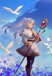  1girl bird blue_flower blue_sky boots brown_footwear closed_mouth clouds commentary day earrings elf english_commentary field flower flower_field frieren green_eyes highres holding holding_staff jewelry long_hair lucidsky mage_staff outdoors pointy_ears skirt sky solo sousou_no_frieren staff standing twintails white_hair white_skirt 