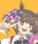  1girl :d \m/ absurdres animal_ears black_bow black_bowtie bow bowtie brown_hair hair_bow hair_ribbon highres holding holding_microphone horse_ears horse_girl kopperion looking_at_viewer macross macross_frontier microphone multiple_hair_bows orange_background parody pink_bow purple_bow ribbon seikan_hikou simple_background smart_falcon_(umamusume) smile style_parody twintails umamusume yellow_bow yellow_eyes 