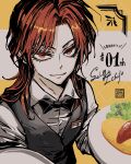  1boy artist_name bishounen black_bow black_bowtie bow bowtie character_name closed_mouth commentary_request dated food grey_vest highres holding holding_plate ichijou_seiya joukyou_seikatsuroku_ichijou kaiji lettuce long_hair long_sleeves looking_at_viewer male_focus medium_bangs name_tag omelet omurice parted_bangs plate red_eyes redhead shirt smile solo unknown03162 upper_body vest waiter white_shirt 