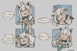  1girl ahoge animal_ear_fluff animal_ears arm_up blue_eyes blue_neckerchief blush braid colored_inner_animal_ears commentary detached_sleeves fox_ears fox_girl gloom_(expression) hands_on_own_face hololive kabokobo_holo multiple_expressions neckerchief open_mouth shirakami_fubuki simple_background single_braid smile speech_bubble teardrop translation_request untranslatable_commentary upper_body white_hair 