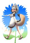  1girl absurdres animal_ears brown_eyes brown_hair dress extra_ears flower fox_ears fox_girl fox_tail gloves grey_hair hat highres island_fox_(kemono_friends) john_(a2556349) kemono_friends kemono_friends_v_project long_hair looking_at_viewer sandals simple_background solo sundress sunflower tail virtual_youtuber 