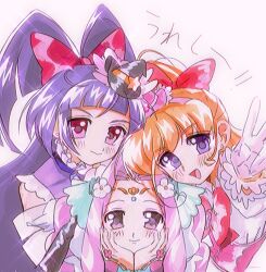  0samuse 3girls asahina_mirai black_gloves blonde_hair blush bow commentary_request cure_felice cure_magical cure_miracle earrings flower frills gloves hair_bow hair_flower hair_ornament hanami_kotoha hands_on_own_cheeks hands_on_own_face hat hat_ornament heart heart_hat_ornament highres izayoi_liko jewelry long_hair magical_girl mahou_girls_precure! mini_hat mini_witch_hat multiple_girls open_mouth pink_eyes pink_hair precure purple_hair red_bow ribbon simple_background star_(symbol) star_hat_ornament upper_body violet_eyes white_gloves white_ribbon witch_hat 