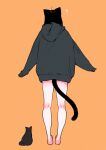  1girl ahoge animal_ears bare_legs barefoot black_cat black_hair bottomless cat cat_ears cat_girl cat_tail emphasis_lines from_behind grey_hoodie highres hood hoodie megateru original oversized_clothes sleeves_past_wrists solo tail 