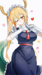  1girl :o ;o absurdres belt black_hair blonde_hair breasts collared_shirt commentary cowboy_shot dated dragon_girl dragon_horns dragon_tail elbow_gloves frilled_gloves frills gloves hair_between_eyes heart heart_hands highres horns kobayashi-san_chi_no_maidragon large_breasts long_hair maid maid_headdress one_eye_closed open_mouth red_eyes scales shirt signature slit_pupils solo tail tohru_(maidragon) twintails very_long_hair white_gloves yisjhui 