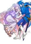  1boy 1girl blue_hair brother_and_sister cape circlet closed_eyes dress fire_emblem fire_emblem:_genealogy_of_the_holy_war headband holding_hands julia_(fire_emblem) long_hair lying nanathuika ponytail purple_hair sandals seliph_(fire_emblem) siblings simple_background tyrfing_(fire_emblem) very_long_hair white_headband 