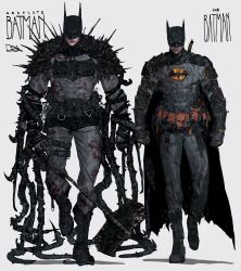  2boys absolute_batman absolute_dc absurdres back_spikes bat_mask batman batman_(absolute_dc) batman_(series) batman_symbol belt black_cape bodysuit cape dc_comics grey_bodysuit highres lifting_object male_focus multicolored_suit multiple_boys rxzarx superhero_costume taut_bodysuit taut_clothes the_batman_(2022) two-tone_suit utility_belt 