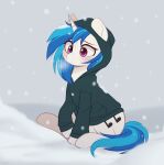  1girl animal black_hoodie blue_hair clothed_animal higgly.town.hero highres hood hoodie horns long_hair my_little_pony my_little_pony:_friendship_is_magic no_humans outdoors single_horn sitting snow snowing solo unicorn vinyl_scratch violet_eyes white_fur 