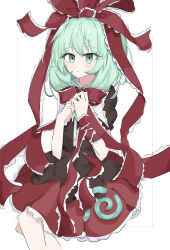  1girl closed_mouth commentary cowboy_shot dress expressionless frilled_ribbon frills front_ponytail green_eyes green_hair hair_ribbon hands_up highres invisible_chair kagiyama_hina light_blush long_hair looking_ahead red_dress red_ribbon ribbon short_dress short_sleeves simple_background sitting so_(pixiv_95395574) solo touhou untranslatable_commentary white_background wrist_ribbon 