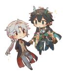 2boys ahoge aqua_horns arm_at_side arm_behind_back beads black_coat black_footwear black_hair blush boots brown_footwear buttons chibi clothing_request coat collared_shirt dan_heng_(honkai:_star_rail) dan_heng_(imbibitor_lunae)_(honkai:_star_rail) detached_sleeves earrings eyes_visible_through_hair fingerless_gloves flower_earrings full_body gloves green_eyes green_gloves green_sash grey_hair grey_pants hair_intakes hara_(nanohara) high_collar highres holding_hands honkai:_star_rail honkai_(series) jewelry leg_up long_hair long_sleeves looking_at_another low_ponytail male_focus multiple_boys no_nose no_sclera open_clothes open_coat pants parted_lips pointy_ears red_eyes sash shirt shoes simple_background sleeve_cuffs smile sparkle tailcoat thighlet waist_sash white_background yaoi yellow_shirt yingxing_(honkai:_star_rail)