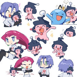  1boy 1girl blue_eyes blue_hair blush chibi closed_eyes crop_top earrings green_eyes happy highres james_(pokemon) jessie_(pokemon) jewelry mime_jr. pokemon pokemon_(anime) pokemon_(creature) white_background wobbuffet xian_(axxxx-721) 