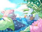  afloat animal_focus blue_skin blue_sky blurry blurry_background clouds colored_skin commentary_request flower hanabusaoekaki highres horizon leaf lotus mudkip no_humans open_mouth partially_submerged pokemon pokemon_(creature) sky slowpoke smile solid_oval_eyes water 