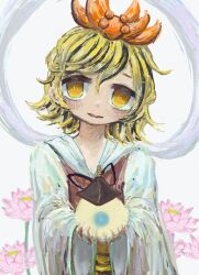  1girl animal_print bishamonten's_pagoda black_streaks blonde_hair blush commentary_request dress flower grey_background hagoromo highres holding long_sleeves looking_ahead looking_at_viewer lotus lotus_hair_ornament medium_hair multicolored_hair omaega_chan parted_lips red_vest shawl simple_background smile solo straight-on streaked_hair tareme tiger_print toramaru_shou touhou two-tone_hair upper_body vest white_dress wide_sleeves yellow_eyes 