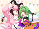  2girls @_@ ahoge animal_ear_fluff animal_ears arm_up balloon black-framed_eyewear black_hair bow cat_ears cat_girl cat_tail clothes_writing coat collarbone commission darlingstrawb dress fang green_hair hair_intakes heart heart-shaped_pupils heart_ahoge heterochromia hexa_(vtuber) highres indie_virtual_youtuber medium_hair multicolored_coat multicolored_hair multiple_girls open_mouth orange_dress pink_bow pink_eyes pink_hair pink_sweater pointy_ears purple_bow purple_hair red_eyes redhead round_eyewear shirt short_eyebrows skeb_commission skin_fang star_(symbol) streaked_hair sweater symbol-shaped_pupils tail tail_bow tail_ornament two_side_up violet_eyes virtual_youtuber white_coat white_shirt yui_mirano 