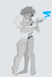  2girls arms_around_another's_back arms_around_another's_waist barefoot between_fingers blush cigarette clvelka commentary couple crop_top dolphin_shorts ear_piercing eye_contact face-to-face full_body greyscale highres holding holding_cigarette hug humanization lapis_lazuli_(steven_universe) looking_at_another monochrome multiple_girls off-shoulder_shirt off_shoulder panties peridot_(steven_universe) piercing shirt shorts smoke smoke_trail steven_universe sweat tank_top tiptoes underwear untranslatable_commentary white_background yuri 