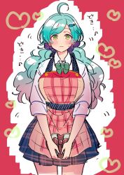  1girl ahoge apron aqua_hair blue_skirt blush bow bowtie box box_of_chocolates breasts collared_shirt commentary_request cowboy_shot ensemble_stars! fidgeting fish_hair_ornament genderswap genderswap_(mtf) gon_jiri green_bow green_bowtie green_eyes hair_between_eyes hair_ornament heart heart-shaped_box heartbeat highres large_breasts long_hair looking_at_viewer low_twintails miniskirt motion_lines parted_bangs pink_apron plaid_apron plaid_clothes pleated_skirt red_background school_uniform shinkai_kanata shirt skirt sleeves_rolled_up solo sweatdrop twintails wavy_hair wavy_mouth white_background white_shirt wide-eyed yumenosaki_school_uniform 