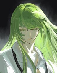  1other androgynous black_background closed_eyes closed_mouth colored_eyelashes commentary_request enkidu_(fate) facing_viewer fate/strange_fake fate_(series) faux_traditional_media green_hair highres long_hair op40_r171 other_focus painterly portrait robe solo swept_bangs white_robe 