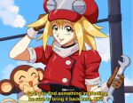  1girl artistc0 black_bodysuit blonde_hair bodysuit brown_gloves cropped_legs data_(mega_man) gloves green_eyes highres holding holding_wrench looking_at_viewer mega_man_(series) mega_man_legends open_mouth red_headwear red_shirt roll_caskett_(mega_man) shirt signature sky smile teeth thumbs_up wrench 