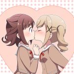  2girls bang_dream! blonde_hair brown_dress brown_hair closed_eyes dress hair_ears hanasakigawa_school_uniform heart_frame highres ichigaya_arisa kiss multiple_girls neck_ribbon red_ribbon ribbon sailor_collar school_uniform starry_background surprise_kiss surprised toyama_kasumi vector_(dmlddmld00) violet_eyes white_sailor_collar yuri 