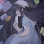  1girl beret black_hair blue_dress commentary_request covering_mouth dear_itu dress envelope expressionless hat hat_ribbon highres holding holding_envelope inu_x_boku_ss letter long_hair lying on_side ribbon sailor_collar shirakiin_ririchiyo short_sleeves solo violet_eyes white_headwear 
