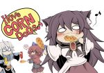 0_0 1boy 2girls animal_ears bow breasts brown_hair chibi commentary_request corn_dog covered_mouth eating english_text food glasses grey_hair hair_bow heart hidefu_kitayan highres holding holding_food imaizumi_kagerou ketchup long_hair morichika_rinnosuke multiple_girls mustard no_mouth red_eyes redhead sekibanki short_hair simple_background spoken_heart touhou white_background wide_oval_eyes wolf_ears wolf_girl 