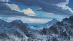  3d arsenixc blue_sky building clouds copyright_name highres mountain no_humans ocean official_art outdoors scenery shining_nikki sky snow water winter 